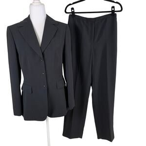 Tahari ASL Size 8 Pant Suit w/ Blazer Jacket Black Pinstriped Power Suit Office